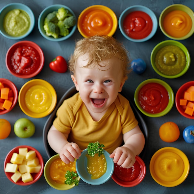 A young baby faces forward in several colorful bowls of fruit and vegetables