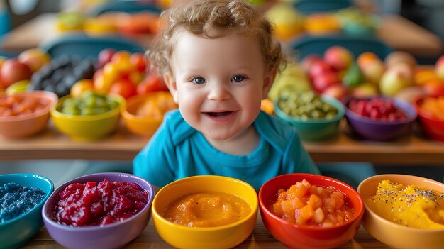 A young baby in front of bowls mixed with fruits and vegetables