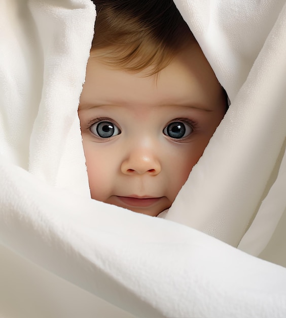 Молодой ребенок заглядывает на белое полотенце.