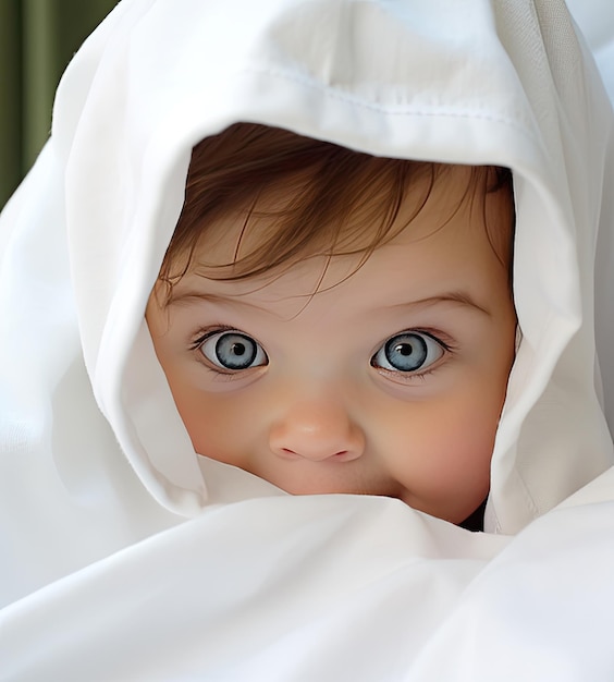 Young baby peeking over a white towel