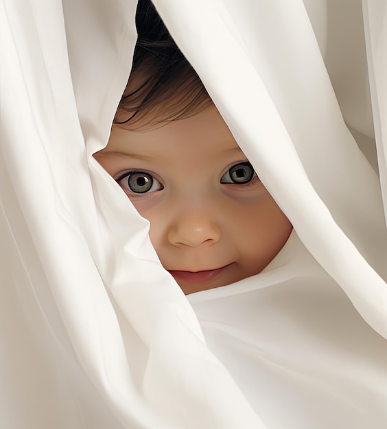 Young baby peeking over a white towel