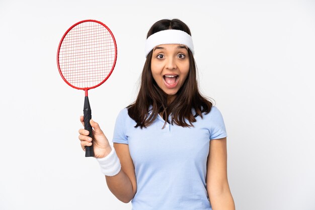 Young badminton player woman isolated
