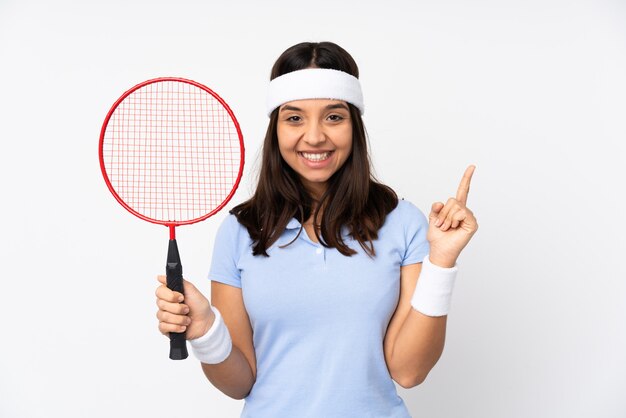 Young badminton player woman pointing up a great idea