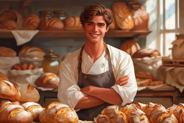 Young baker surrounded by bread