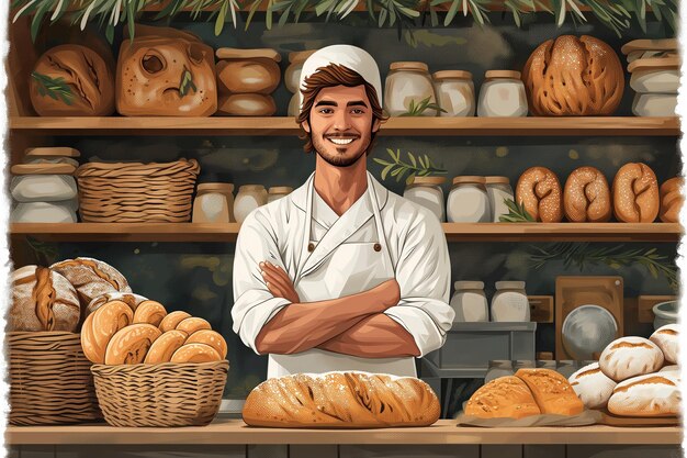 Young baker surrounded by bread