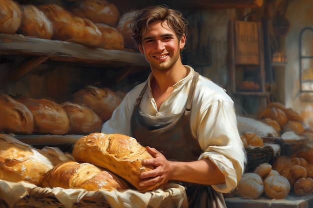 Young baker surrounded by bread