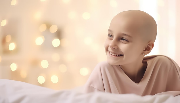 Photo young bald woman in hospital bed world cancer day concept