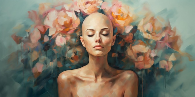 A young bald woman on peach fuzz colour flower background after chemotherapy World Cancer Day Banner
