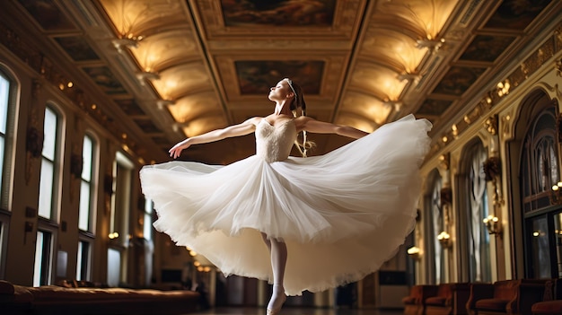 Foto giovane ballerina che salta con grazia a mezz'aria con le sue scarpette da ballo puntate e le sue braccia tese ai generativa