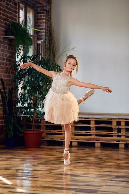 Young ballerina in tutu and pointe ballet shoes practicing dance moves in the dancing hall.