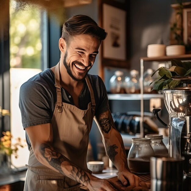 明るい秋の日暖かいコーヒーショップで笑顔でカカオコーヒーを注ぐ若いバリスタ