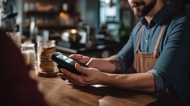 Photo young barista uses the mobile phone to accept payment