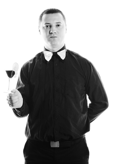 Photo young barman portrait isolated on white background with alcohol coctail drink