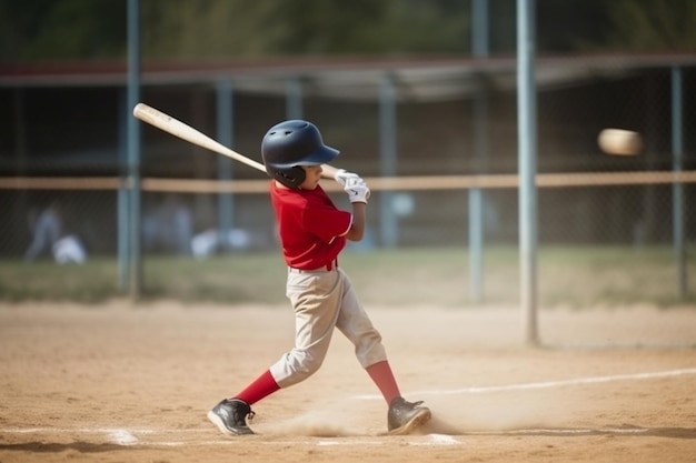 Young baseball player swinging his bat at thrown pitch