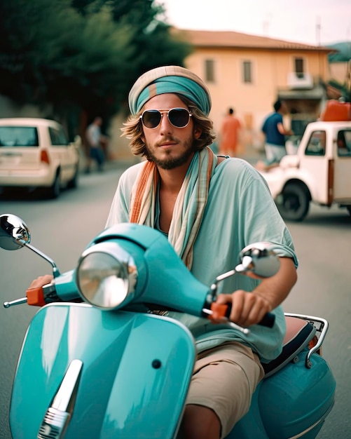 Foto giovane ragazzo sulla spiaggia su una motocicletta tipo vespa ai generativa