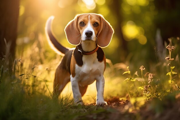 Young beagle dog on green grass in the park