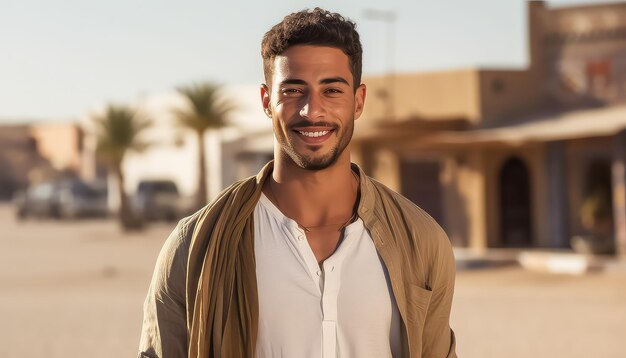 Photo young bearded arab man in white tshirt smiling and looking at the camera in the tropics