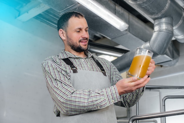 A young bearded brewer conducts quality control of freshly brewed beer in the brewery.