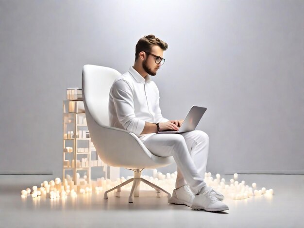 Young bearded businessman working from home sitting at the desk