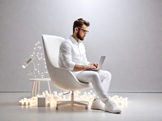 Young bearded businessman working from home sitting at the desk