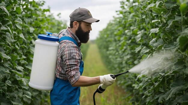 Young bearded farmer worker spraying plants with pesticides to protect against disease