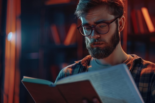 Young bearded guy in glasses holding a notebook and thinking about exams