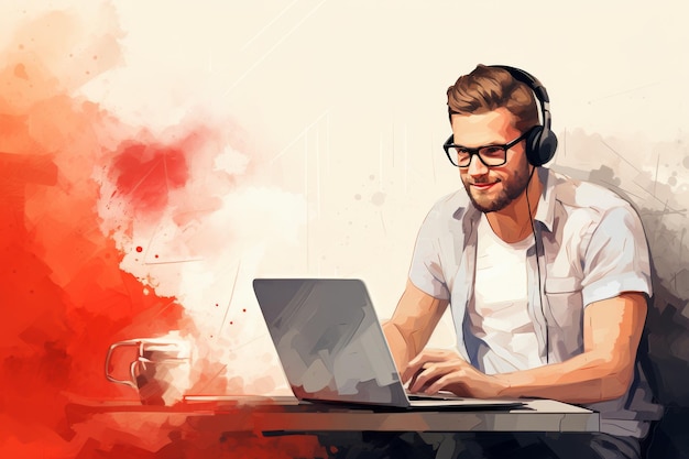 Young bearded male freelancer working on laptop with headphones watercolor illustration