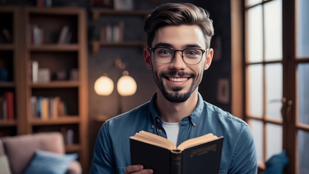 Young bearded man in glasses and blue shirt holding book smiling confident