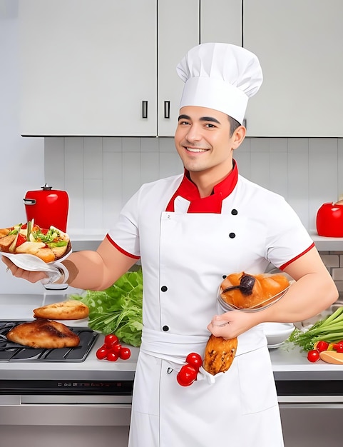 A young bearded man at his work place cooking vegetables