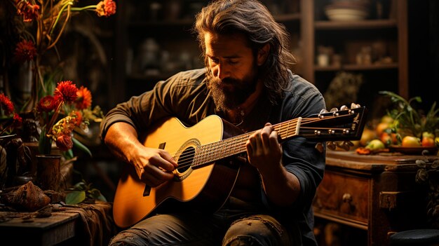 young bearded man playing guitar in the dark