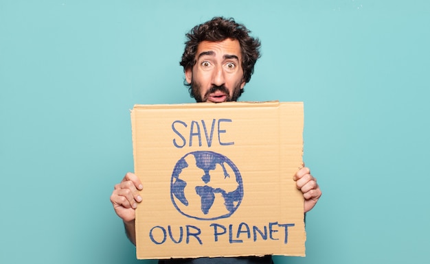 young bearded man save the world concept