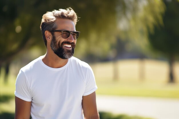 Foto giovane uomo barbuto che sorride sicuro in piedi al parco