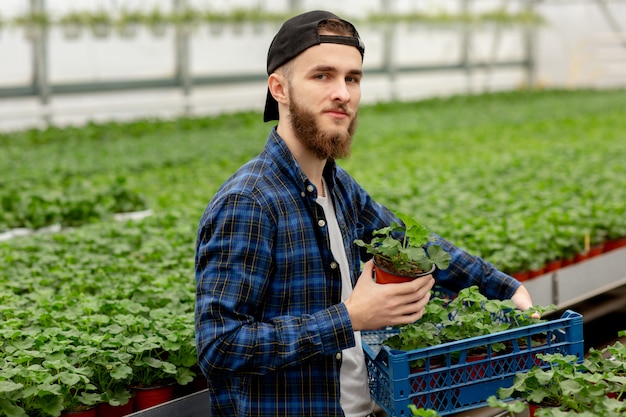 Photo young bearded man standing in a greenhouse