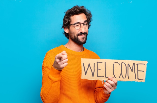 Young bearded man welcome concept