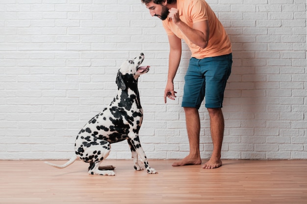 Foto giovane uomo barbuto con un cane dalmata contro il muro di mattoni bianchi