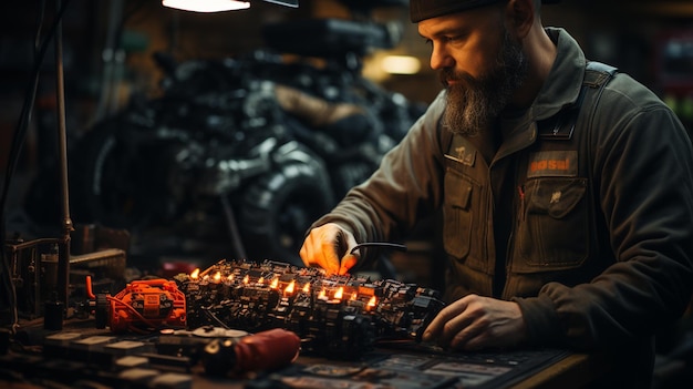 young bearded man with tattoo machine working in workshop