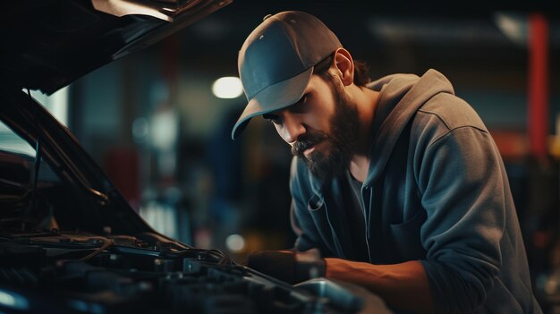 Young bearded mechanic is looking under the car hood