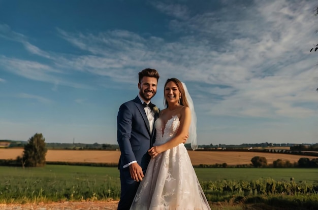 A young bearded smiling groom in a gray suit and a beautiful sweet bride in a white dress are