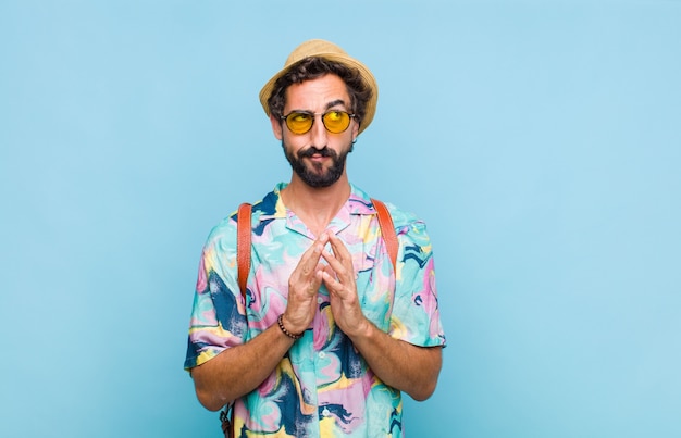 Young bearded tourist man in shirt isolated