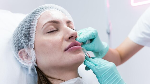 The young beautician doctor preparing to making injection in female lips The doctor cosmetologist makes lip augmentation procedure