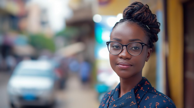 Photo a young beautiful african woman in glasses on busy city street