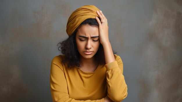 Young beautiful arab woman over isolated background suffering from headache desperate and stressed because pain and migraine