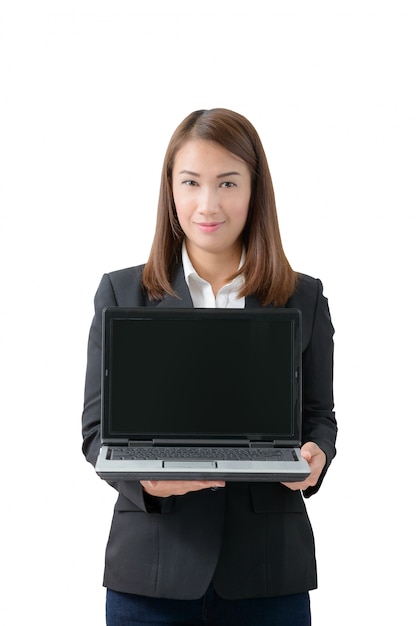 Young beautiful asian business woman holding laptop with blank screen