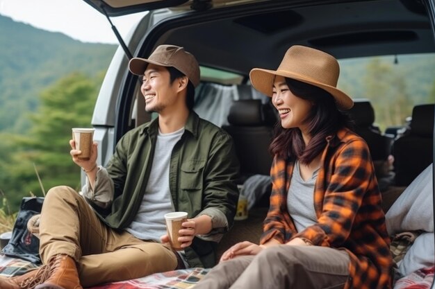 산에서 자동차로 여행하는 강아지와 함께 젊은 아름다운 아시아 커플 여름 휴가