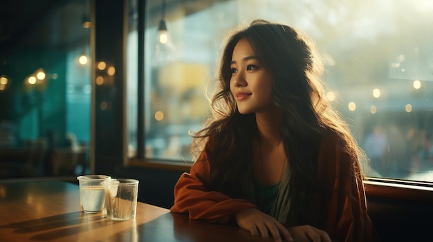 A young beautiful Asian girl is sitting at the window of a cafe looking out with blurred city backgr