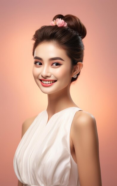 Photo young beautiful asian woman smiling topknot hairstyle