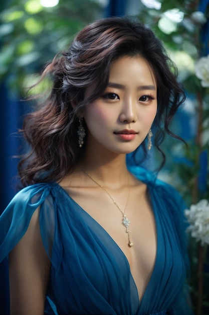 Молодая красивая азиатка в синем платье.