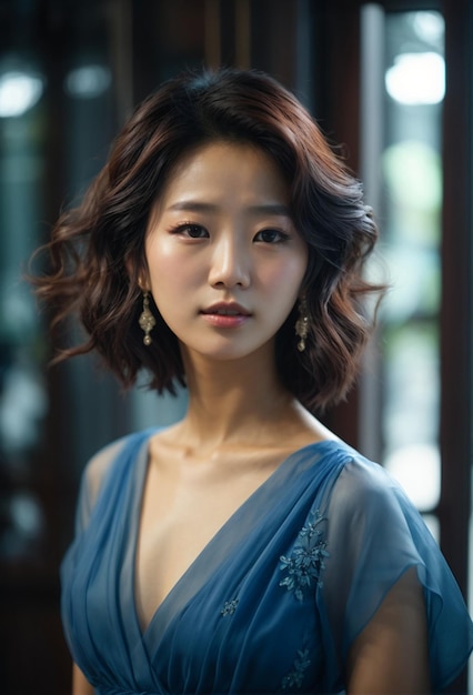 Young beautiful Asian woman with blue color dress