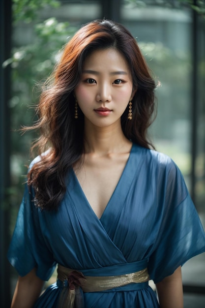 Young beautiful Asian woman with blue color dress