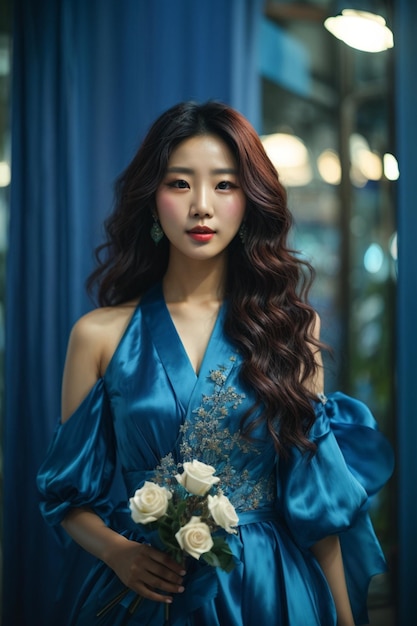 Young beautiful Asian woman with blue color dress